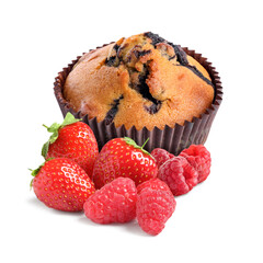 Yummy muffin with berries isolated on white