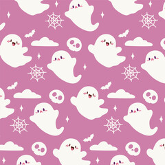 Kawaii Ghosts and Skulls Halloween Pattern. Cute pattern features cute, kawaii style ghosts, skulls, spider webs, and bats on a pink background.