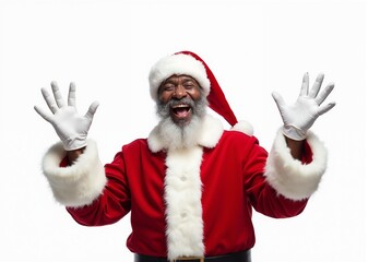 African American Santa Claus with joyful expression laughing against white background with copy space