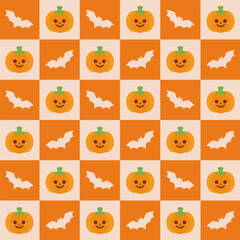 Halloween Checkered Pattern with Pumpkins and Bats. A Halloween checkered pattern featuring smiling Jack O Lanterns and spooky bats arranged on an orange and cream grid.