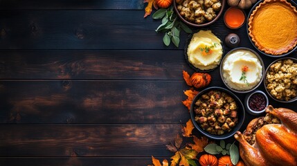 Top view of a Thanksgiving dinner table setting with roasted turkey, mashed potatoes, stuffing, pumpkin pie, and autumn leaves on a rustic wood background.
