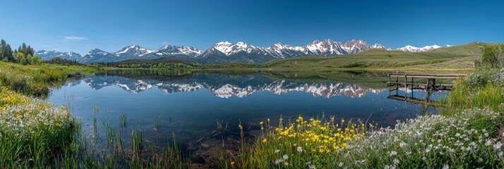Fototapeta premium Panoramic Serene Mountainous Lake View. Spring Summer. Crystal Clear Water Snow Capped Mountain Reflection.