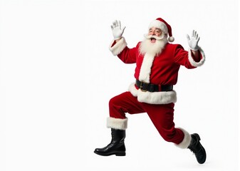 Santa Claus Jumping Energetically Against White Background with Copy Space