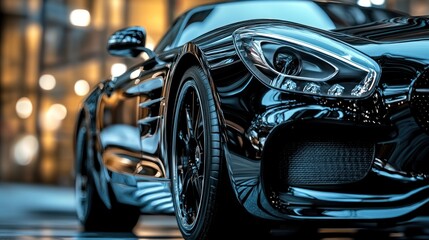 Close-up of a sleek, black sports car with a blurred city background.