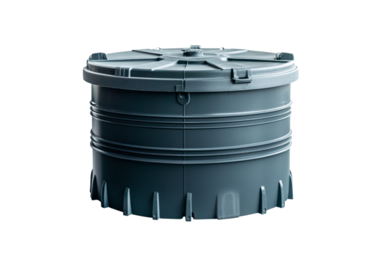 Compact rainwater harvesting system, durable materials, sustainable water management, on solid white background, single object.,