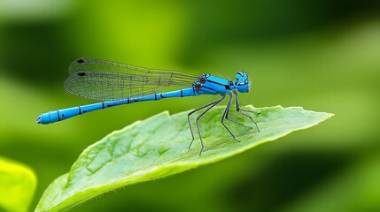 A blue dragonfly perched on the edge of a green leaf, macro photography, blurred background, macro lens, macro view