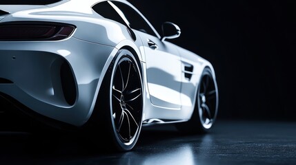 Closeup of a white sports car rear wheel and rear end with black background.