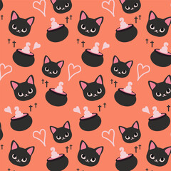 Cute Black Cat and Witch Cauldron Pattern. Cute pattern features cute black cats, magical cauldrons, and hearts on a coral background.