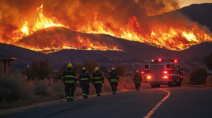 A wildfire advancing towards a residential area, with flames visible on the horizon and firefighters preparing to defend the homes, highlighting the danger posed by wildfires to communities.