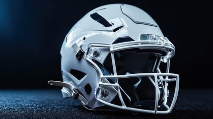 Fototapeta premium White American football helmet on a black textured surface.