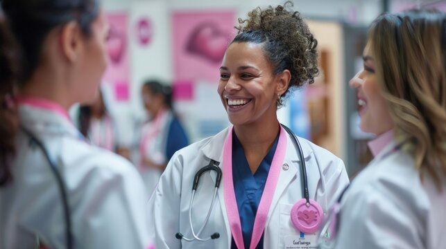 Breast Cancer Awareness: Healthcare Professionals with Pink Ribbons in Hospital Lobby