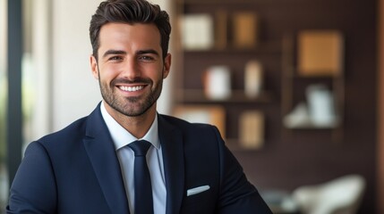 Fototapeta premium A smiling man in a suit poses confidently in a modern office setting.