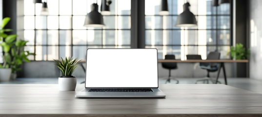 Laptop Mockup in a Contemporary Office Space - Transparent PNG Banner Ideal for Showcasing Technology, Business Presentations, and Online Marketing Visuals