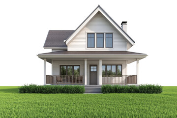 Contemporary suburban home with a spacious front porch and well-maintained lawn isolated on a white background