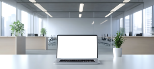 Laptop Mockup in a Contemporary Office Space - Transparent PNG Banner Ideal for Showcasing Technology, Business Presentations, and Online Marketing Visuals