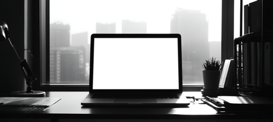 Laptop Mockup in a Contemporary Office Space - Transparent PNG Banner Ideal for Showcasing Technology, Business Presentations, and Online Marketing Visuals