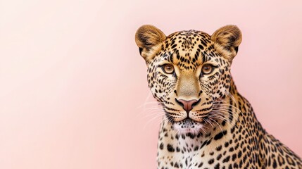 Naklejka premium A close-up portrait of a leopard against a soft pink background.
