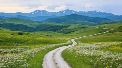 Fototapeta premium peaceful road with blooming asters along