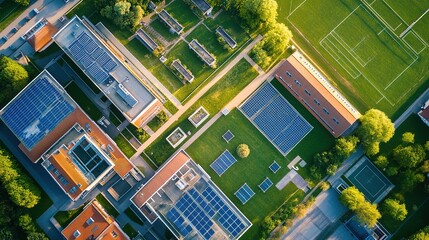 Aerial view of a modern campus featuring greenery, solar panels, and sports fields surrounded by buildings.