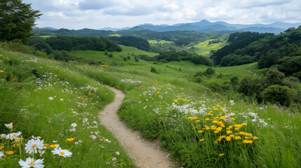 peaceful road with blooming asters along