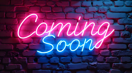 A striking neon sign with the words 'Coming Soon' set against a weathered brick wall, glowing in a vibrant pink and blue hue, invoking anticipation. Generative AI