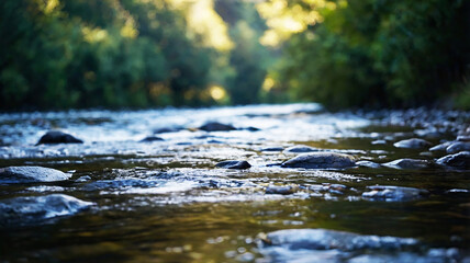 Fototapeta premium Blurred bokeh of a calm, flowing river