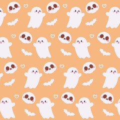 Cute Halloween Ghost and Skull Pattern on Orange Background. Adorable Halloween Ghosts, Skulls, and Bats Illustration.