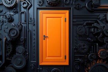 An orange rectangular door floating in the black space, surrounded by gears on all sides