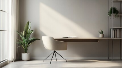Minimalist home office with a white desk, a white chair and a plant in a white pot.