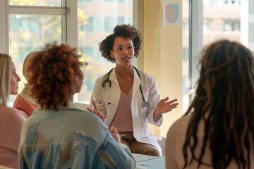 Obraz premium Healthcare Professional Leading a Collaborative Discussion on Breast Cancer Prevention in a Bright Conference Room