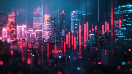 Fototapeta premium Product photo of a stock market chart with red candlestick bars on a city background.