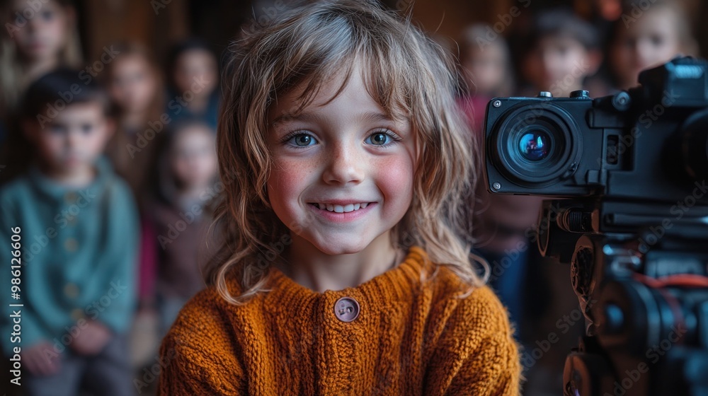 Poster a smiling child in front of a camera with peers in the background.