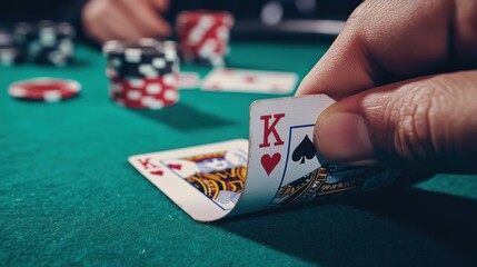 A close-up of a hand holding a King of Spades card during a game of poker.