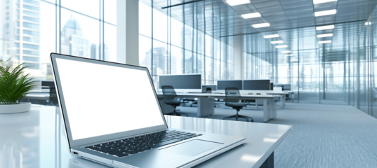 Realistic Laptop Mockup in a Minimalist Office Environment - Transparent PNG Banner Perfect for Professional Branding, Digital Marketing, and Website UI/UX Design