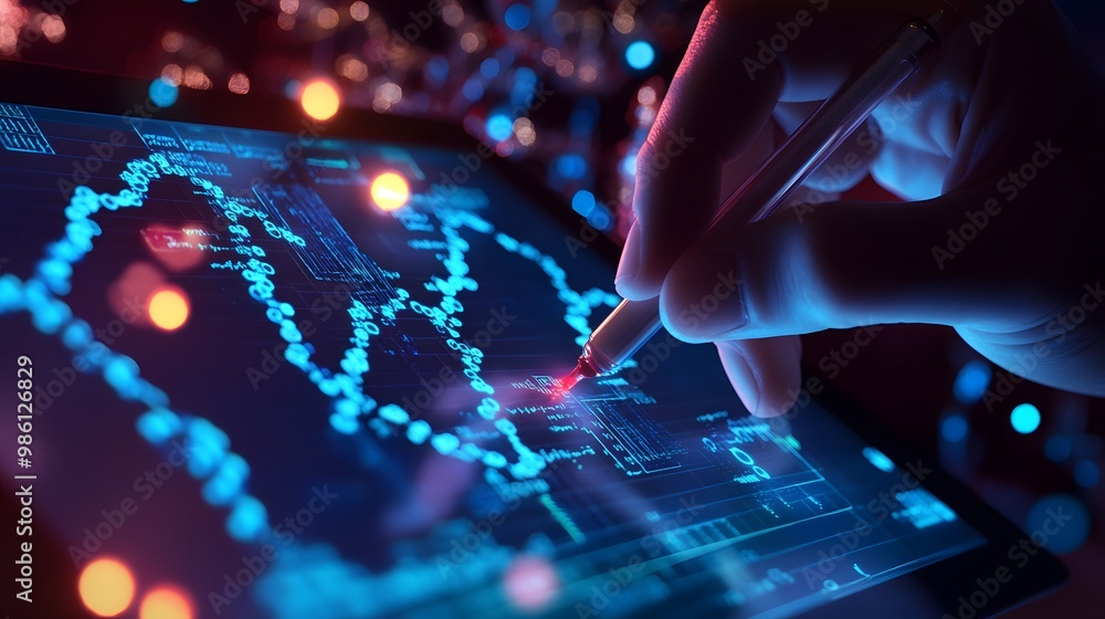 Poster hand interacting with a digital interface showing data and charts