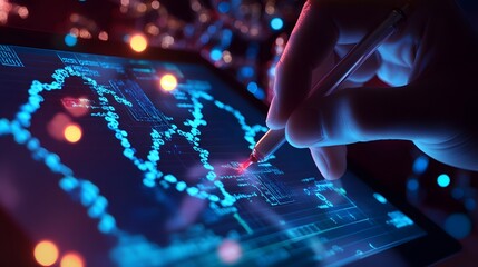 Hand Interacting with a Digital Interface Showing Data and Charts