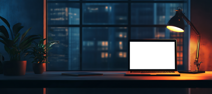 Sleek Laptop Mockup in a Stylish Office Setting - High-Resolution Transparent PNG Banner for Modern Workspace Designs and Creative Web Development Projects