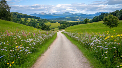 Fototapeta premium peaceful road with blooming asters along