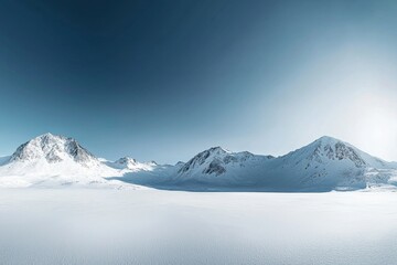 Fototapeta premium Panoramic View Snow Covered Mountain Range. Mountainous Icy Peaks. Blue Sky Sunshine. Panorama Landscape Background.