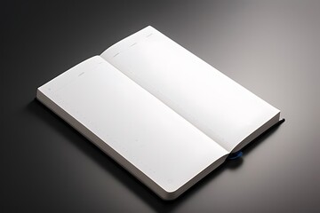 vector mockup of a standing 3D magazine with a blank white notebook page cover, isolated on a black background.