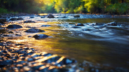 Naklejka premium Blurred bokeh of a calm, flowing river
