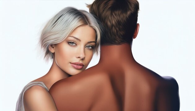 Una modella bionda con i capelli corti e le spalle nude abbracciata al suo fidanzato con i capelli bruni di spalle, illustrazione su sfondo bianco 