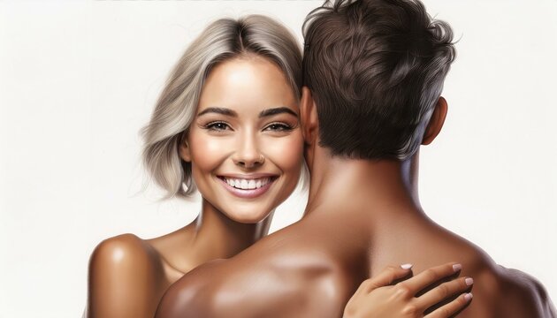 Una modella bionda sorridente con i capelli corti e le spalle nude abbracciata al suo fidanzato con i capelli bruni di spalle, illustrazione su sfondo bianco 