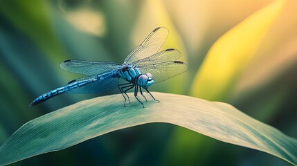 A blue dragonfly perched on the edge of a green leaf, macro photography, blurred background, macro lens, macro view