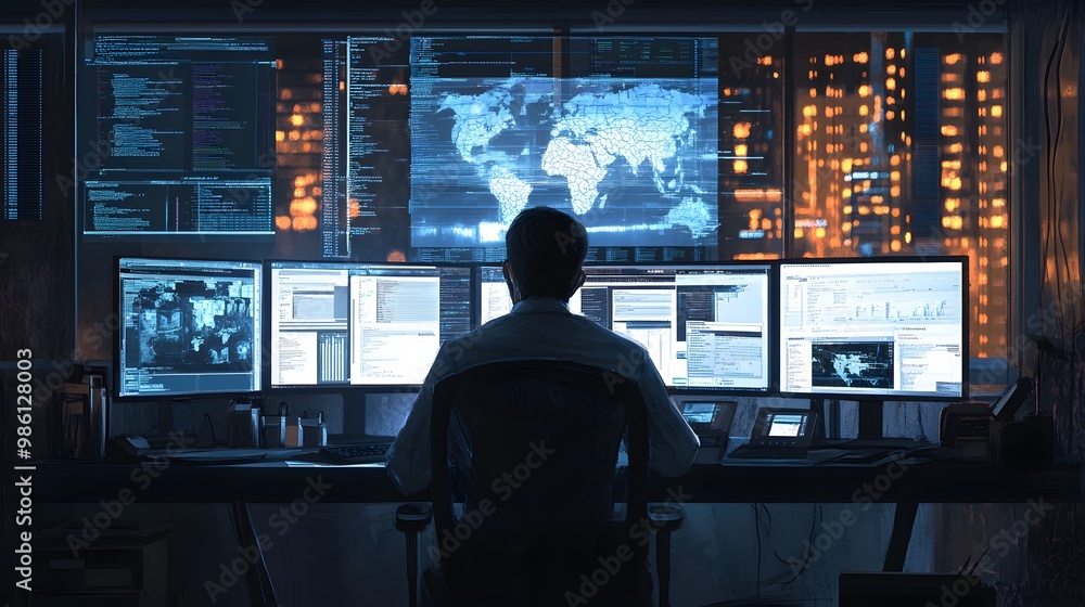 Poster a hacker working at night with multiple monitors displaying code, data, and a world map