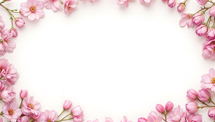 Flower frame. Floral background. Delicate pink flowers on white background