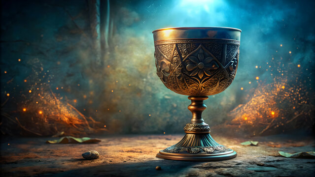 A large, mystical goblet with intricate metal patterns sits on a worn, textured surface. The goblet appears to be from an ancient era, with a faint magical glow around its rim, adding a sense of myste