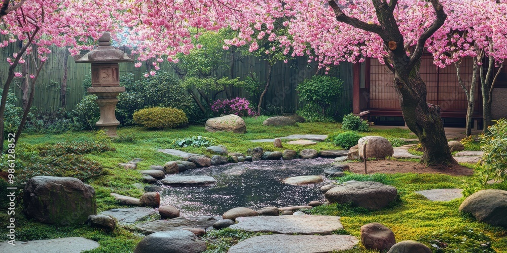 Wall mural garden with blooming cherry blossoms