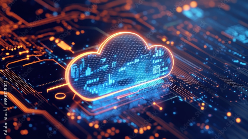 Wall mural a glowing cloud icon sits on top of a circuit board, representing data and technology.
