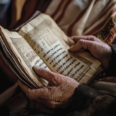 Naklejka premium Close-up of wrinkled hands holding an open, aged book.